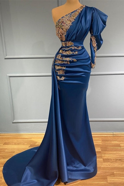 Vestido de fiesta de satén elástico, asimétrico, de un solo hombro, azul real, con apliques
