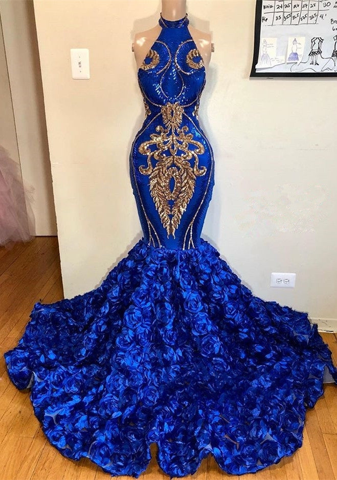 Robes de bal sirène longues bleu royal à col halter magnifiques robes de soirée longues