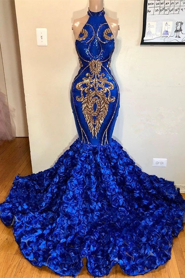 Robes de bal sirène longues bleu royal à col halter magnifiques robes de soirée longues