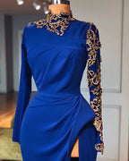 Robes de bal sirène bleu royal à col montant avec fente, manches longues élégantes, robes de soirée longues