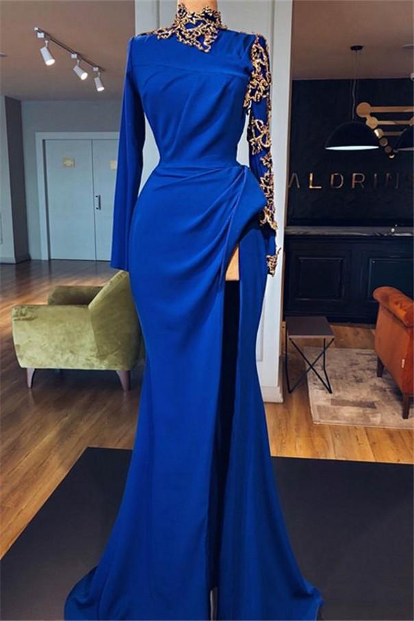 Robes de bal sirène bleu royal à col montant avec fente, manches longues élégantes, robes de soirée longues