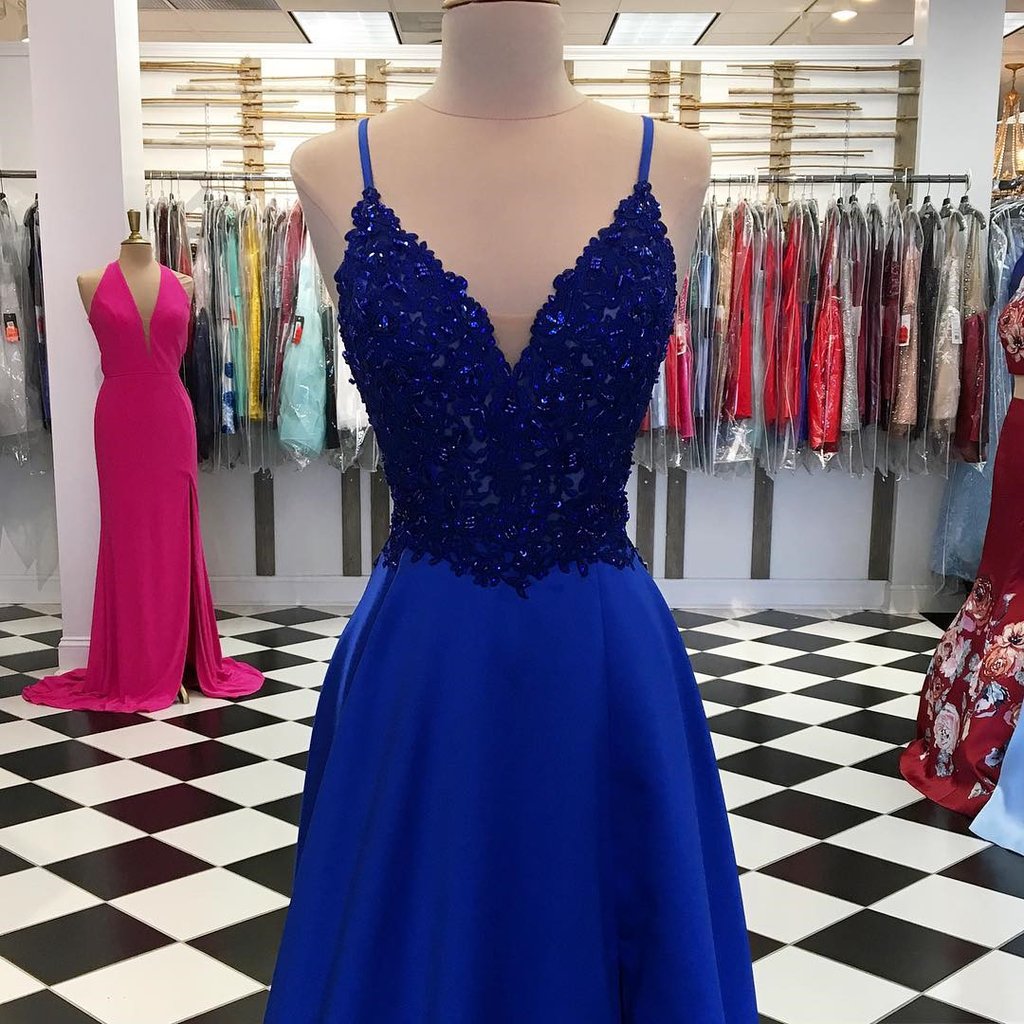 Robes de bal longues bleu royal en satin à paillettes, coupe évasée, col en V