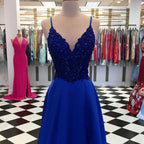 Robes de bal longues bleu royal en satin à paillettes, coupe évasée, col en V