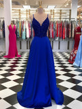Robes de bal longues bleu royal en satin à paillettes, coupe évasée, col en V