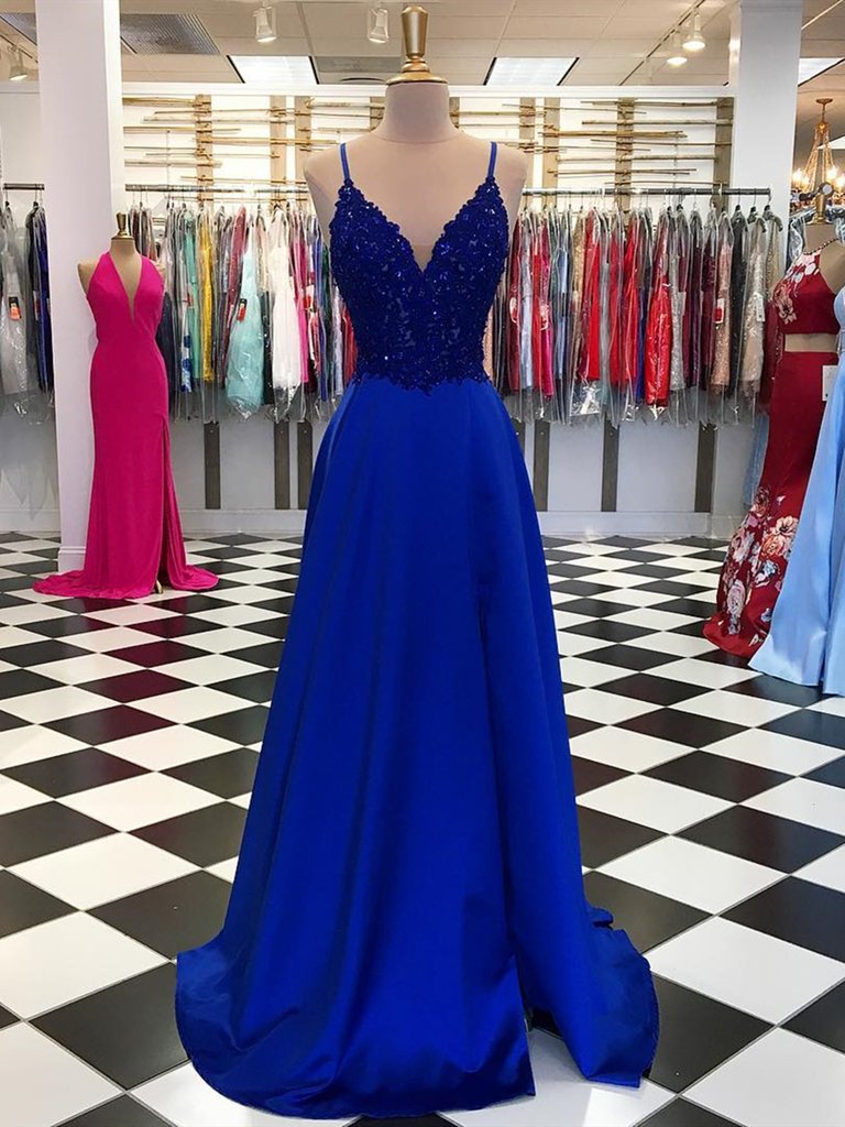 Robes de bal longues bleu royal en satin à paillettes, coupe évasée, col en V