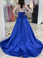 Robe de bal formelle longue bleu royal en satin, coupe évasée, dos nu et col en V
