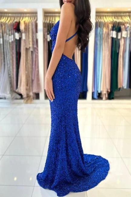 Abito da sera lungo a sirena blu reale con scollo a V, spalline sottili e schiena scoperta, decorato con paillettes