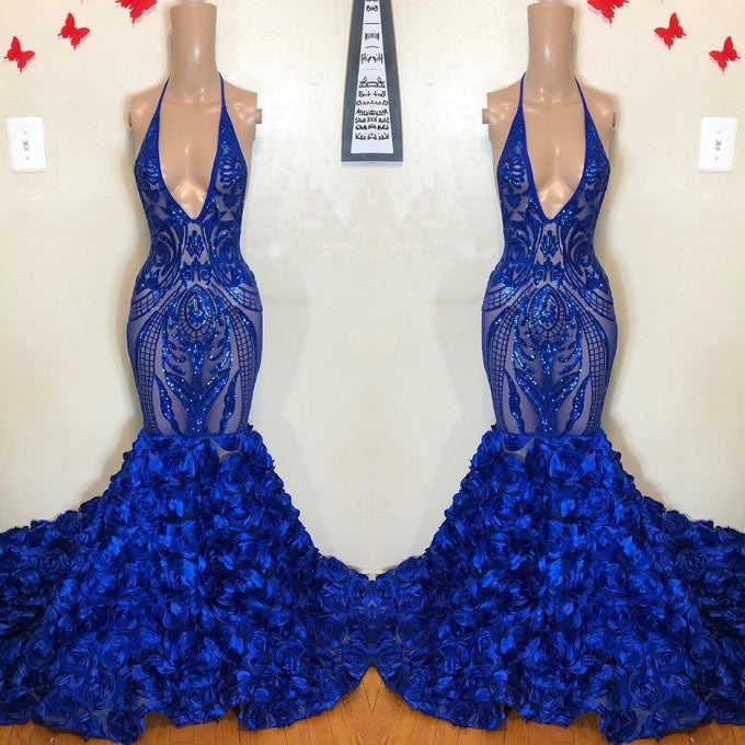 Robe de bal sirène bleu royal avec fleurs, bas à paillettes, col en V