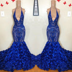 Robe de bal sirène bleu royal avec fleurs, bas à paillettes, col en V