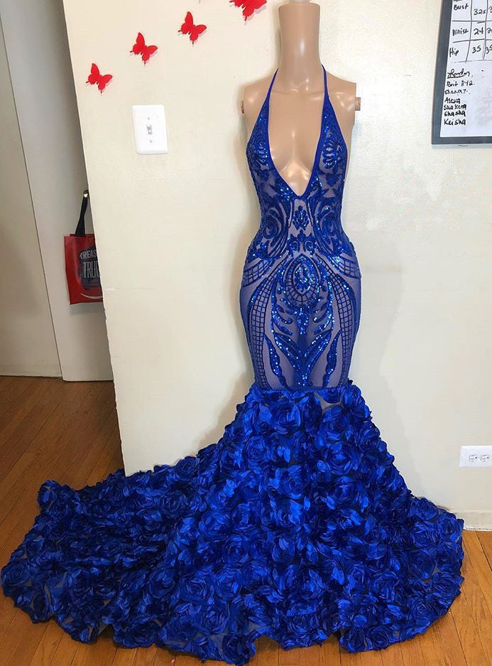 Robe de bal sirène bleu royal avec fleurs, bas à paillettes, col en V
