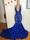 Robe de bal sirène bleu royal avec fleurs, bas à paillettes, col en V