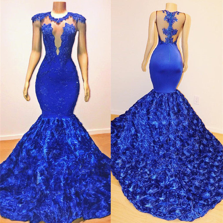 Robe de soirée transparente sans manches bleue royale sirène avec fleurs sexy