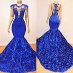 Robe de soirée transparente sans manches bleue royale sirène avec fleurs sexy