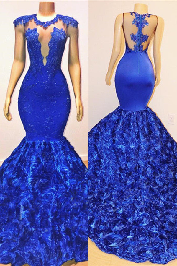 Robe de soirée transparente sans manches bleue royale sirène avec fleurs sexy