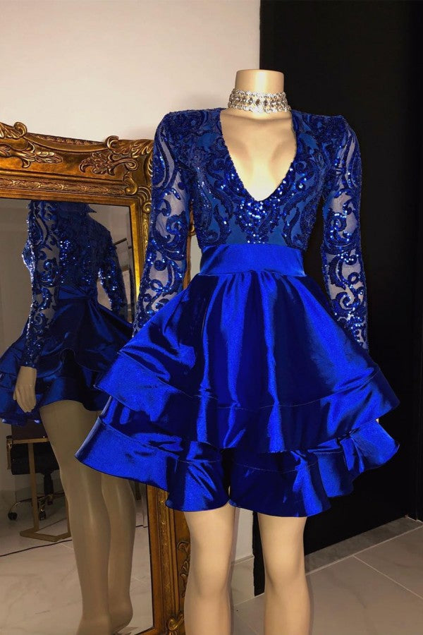 Robe de fête bleu royal à manches longues, col en V, longueur genou, coupe trapèze