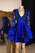 Robe de fête bleu royal à manches longues, col en V, longueur genou, coupe trapèze
