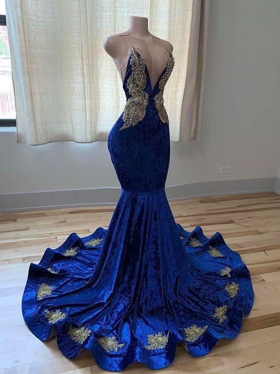 Vestidos de Baile Azul Real com Decote em V, Alças Finas, Bordados, Sem Mangas, Comprimento ao Chão, Modelo Sereia