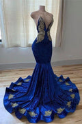 Vestidos de Baile Azul Real com Decote em V, Alças Finas, Bordados, Sem Mangas, Comprimento ao Chão, Modelo Sereia