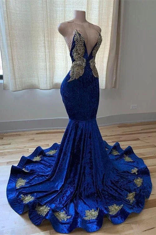 Vestidos de Baile Azul Real com Decote em V, Alças Finas, Bordados, Sem Mangas, Comprimento ao Chão, Modelo Sereia