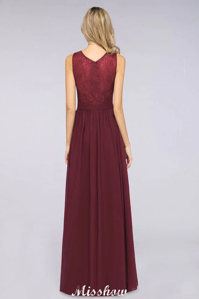 Rüschensaum A-Linien bodenlanges Brautjungfernkleid aus Chiffon mit Spitzen und V-Ausschnitt Abendkleid