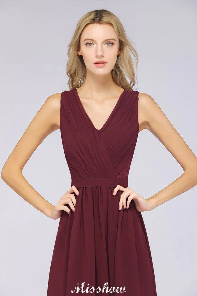 Rüschensaum A-Linien bodenlanges Brautjungfernkleid aus Chiffon mit Spitzen und V-Ausschnitt Abendkleid