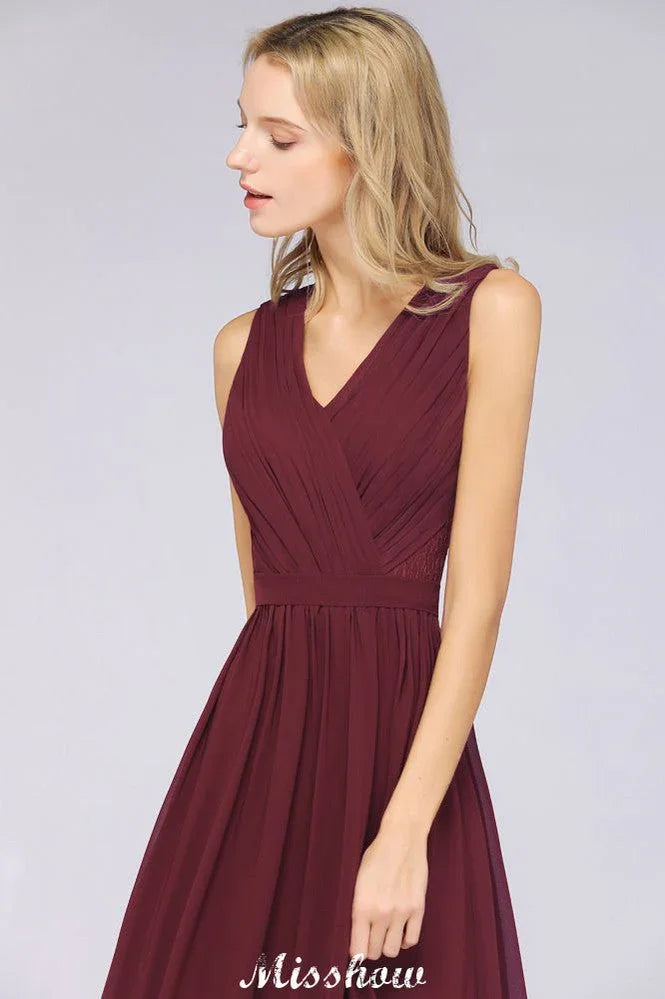 Rüschensaum A-Linien bodenlanges Brautjungfernkleid aus Chiffon mit Spitzen und V-Ausschnitt Abendkleid