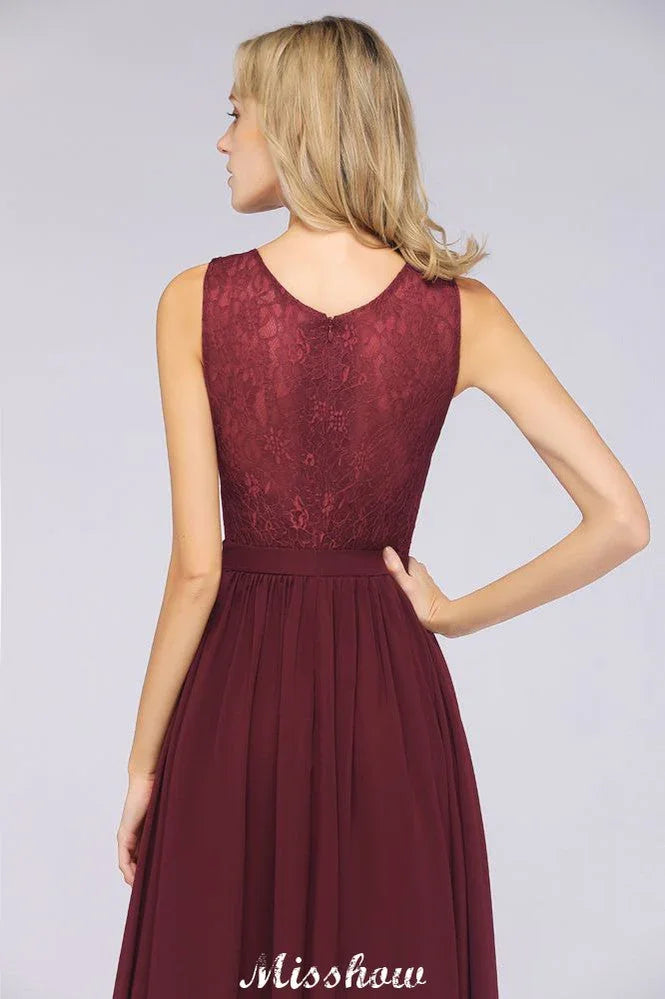 Rüschensaum A-Linien bodenlanges Brautjungfernkleid aus Chiffon mit Spitzen und V-Ausschnitt Abendkleid