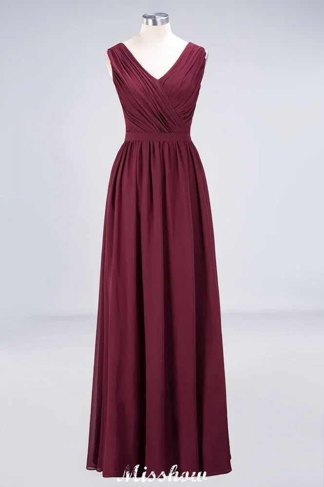 Rüschensaum A-Linien bodenlanges Brautjungfernkleid aus Chiffon mit Spitzen und V-Ausschnitt Abendkleid