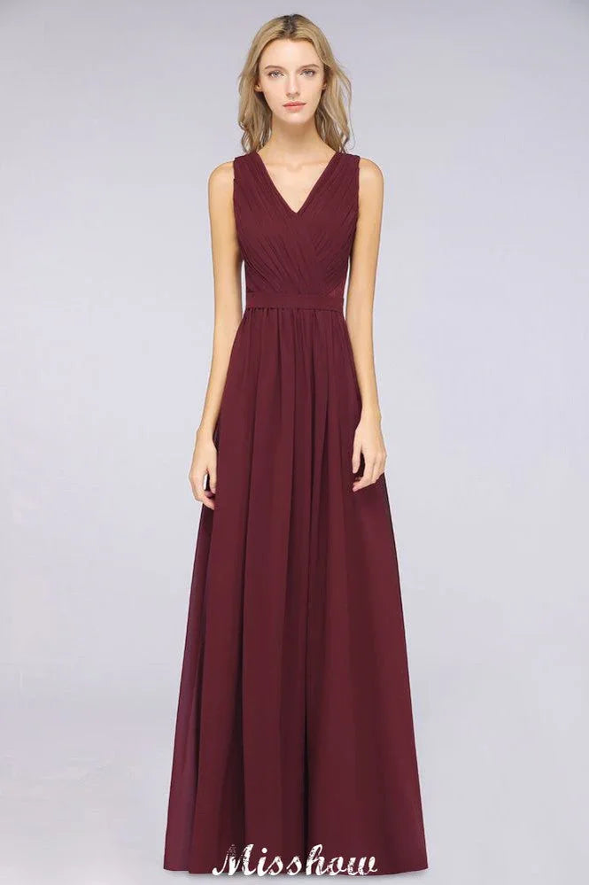 Rüschensaum A-Linien bodenlanges Brautjungfernkleid aus Chiffon mit Spitzen und V-Ausschnitt Abendkleid