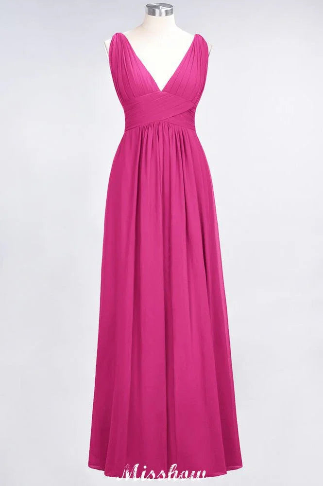 Ruffle Chiffon Sleeveless Evening Maxi Gown V-Neck Bridesmaid Dress