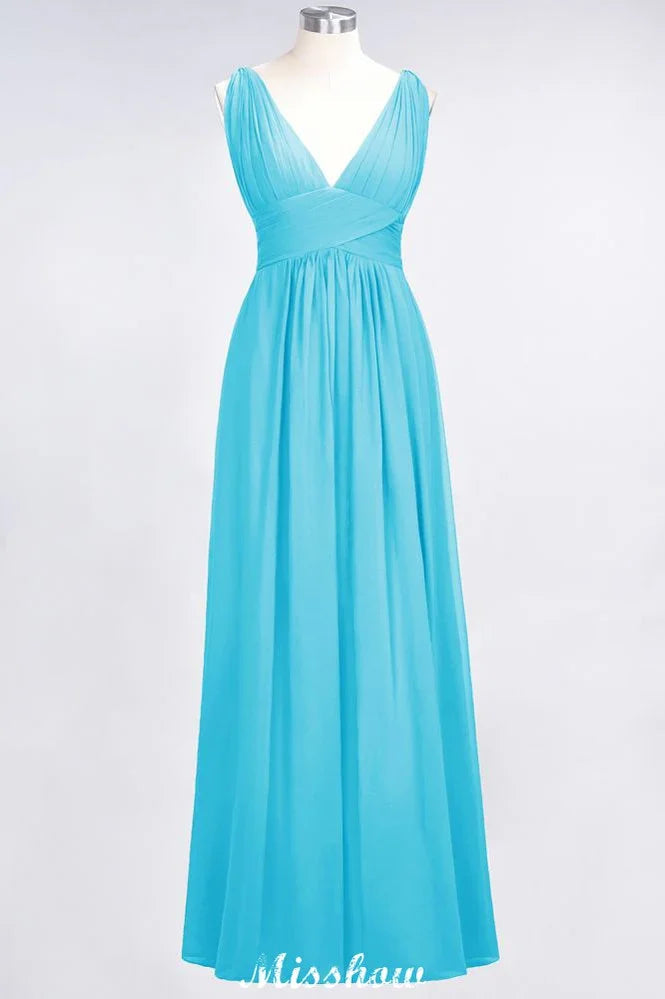 Ruffle Chiffon Sleeveless Evening Maxi Gown V-Neck Bridesmaid Dress