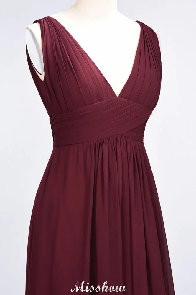 Ruffle Chiffon Sleeveless Evening Maxi Gown V-Neck Bridesmaid Dress