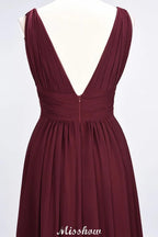 Ruffle Chiffon Sleeveless Evening Maxi Gown V-Neck Bridesmaid Dress