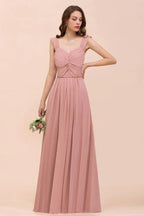 Maxikleid in Staubrosa mit Rüschen-Trägern und A-Linien-Schnitt für Blumenmädchen