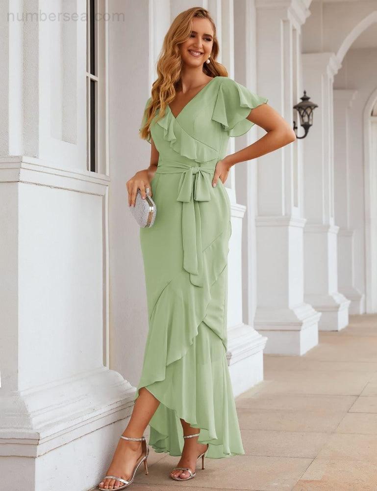 Ruffled Bridesmaid Dresses Maxi Long Women Chiffon Mermaid Formal Violin Evening Party Prom Gowns   SEA28042