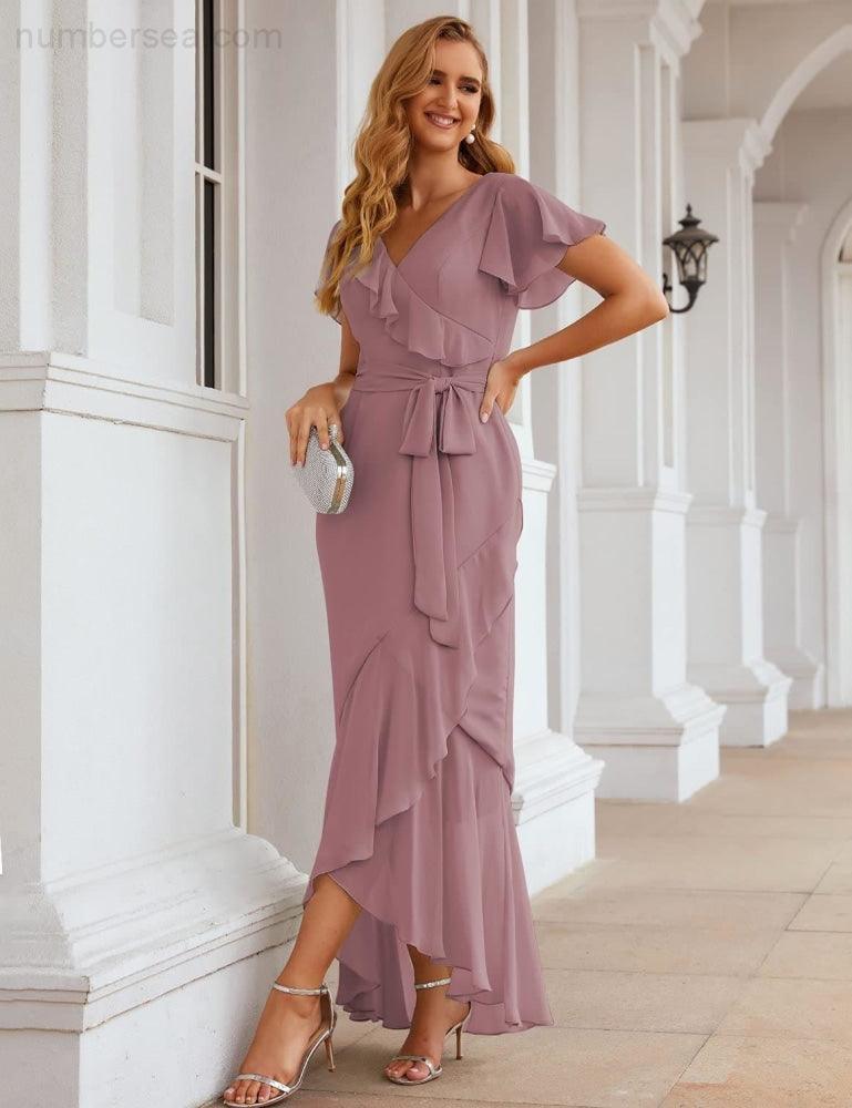 Ruffled Bridesmaid Dresses Maxi Long Women Chiffon Mermaid Formal Violin Evening Party Prom Gowns   SEA28042