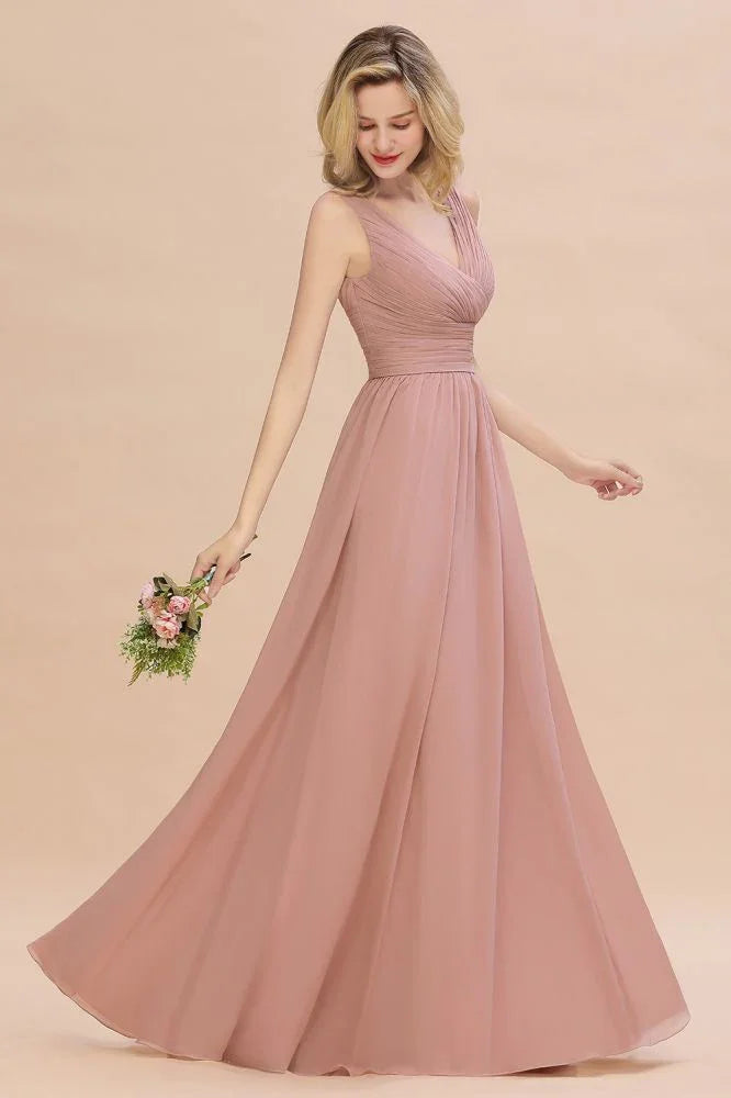 Vestidos de Dama de Honra Ruffles com Decote em V e Corte em A Cor-de-Rosa Esbatido | Vestidos de Noite Sem Mangas e Comprimento até ao Chão