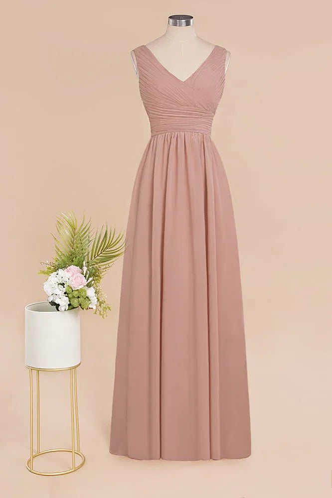 Vestidos de Dama de Honra Ruffles com Decote em V e Corte em A Cor-de-Rosa Esbatido | Vestidos de Noite Sem Mangas e Comprimento até ao Chão