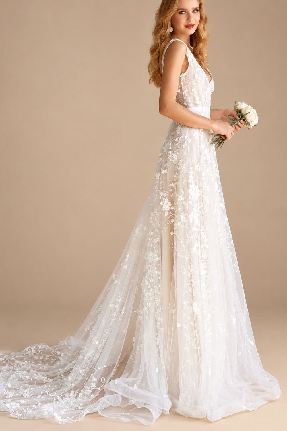Rutipo As Picture A-Line/Princess V Neck Tulle Lace Sweep Train Wedding Dresses With Appliques Lace