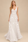 Rutipo As Picture A-Line/Princess V Neck Tulle Lace Sweep Train Wedding Dresses With Appliques Lace