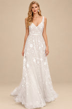 Rutipo As Picture A-Line/Princess V Neck Tulle Lace Sweep Train Wedding Dresses With Appliques Lace