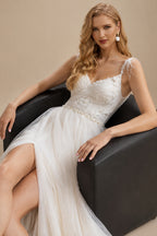 Rutipo As Picture A-Line/Princess V Neck Tulle Lace Sweep Train Wedding Dresses With Split Front Lace