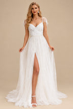 Rutipo As Picture A-Line/Princess V Neck Tulle Lace Sweep Train Wedding Dresses With Split Front Lace