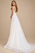 Rutipo As Picture A-Line/Princess V Neck Tulle Lace Sweep Train Wedding Dresses With Split Front Lace