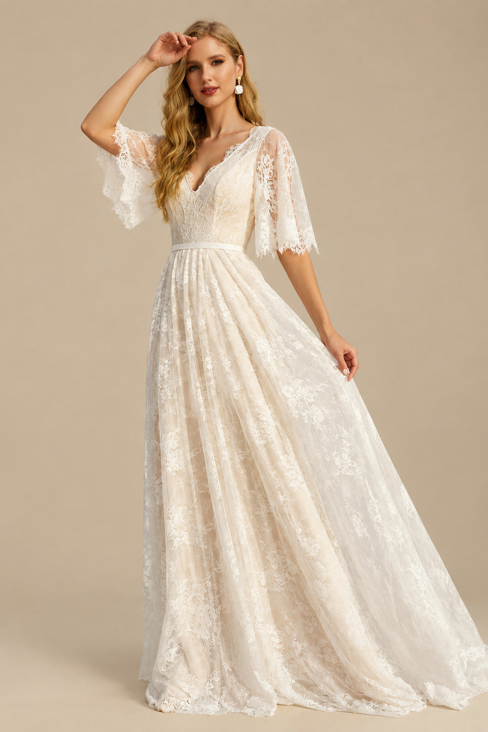 Rutipo As Picture A-Line Lace V-Neck Sweep Train Wedding Dress WIth Lace