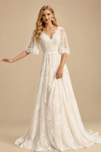 Rutipo As Picture A-Line Lace V-Neck Sweep Train Wedding Dress WIth Lace