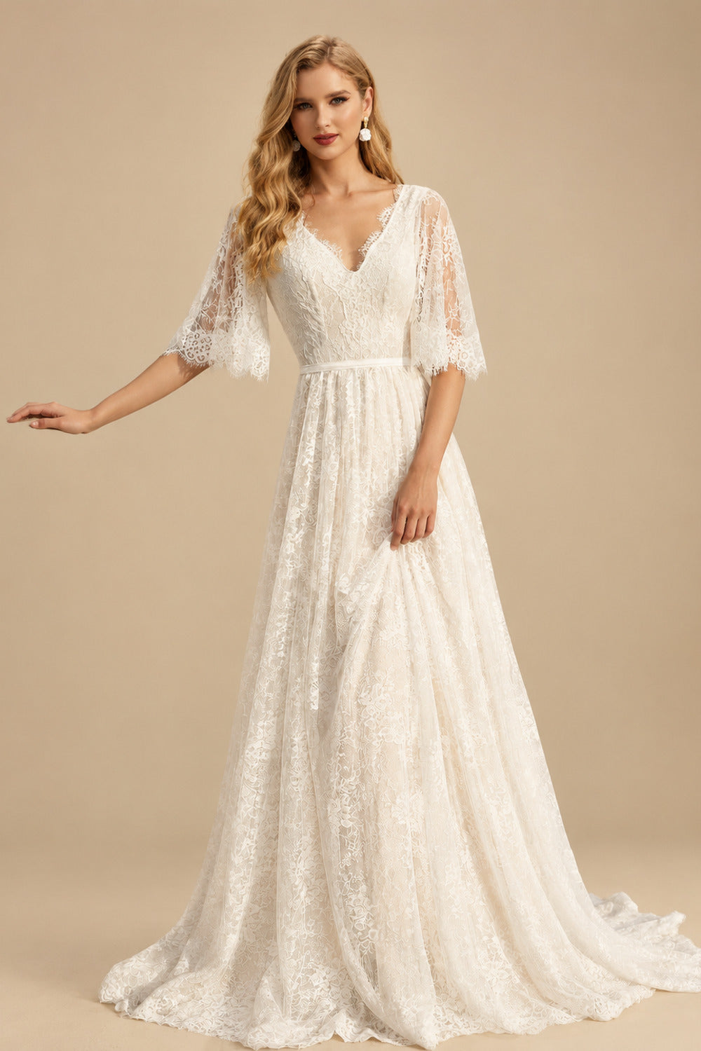 Rutipo As Picture A-Line Lace V-Neck Sweep Train Wedding Dress WIth Lace