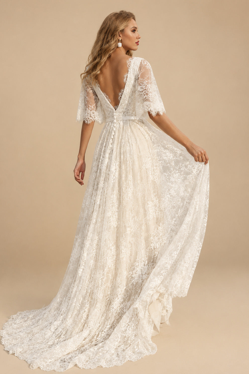 Rutipo As Picture A-Line Lace V-Neck Sweep Train Wedding Dress WIth Lace