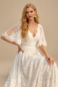 Rutipo As Picture A-Line Lace V-Neck Sweep Train Wedding Dress WIth Lace