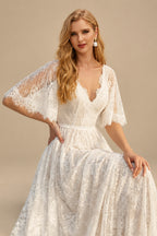 Rutipo As Picture A-Line Lace V-Neck Sweep Train Wedding Dress WIth Lace